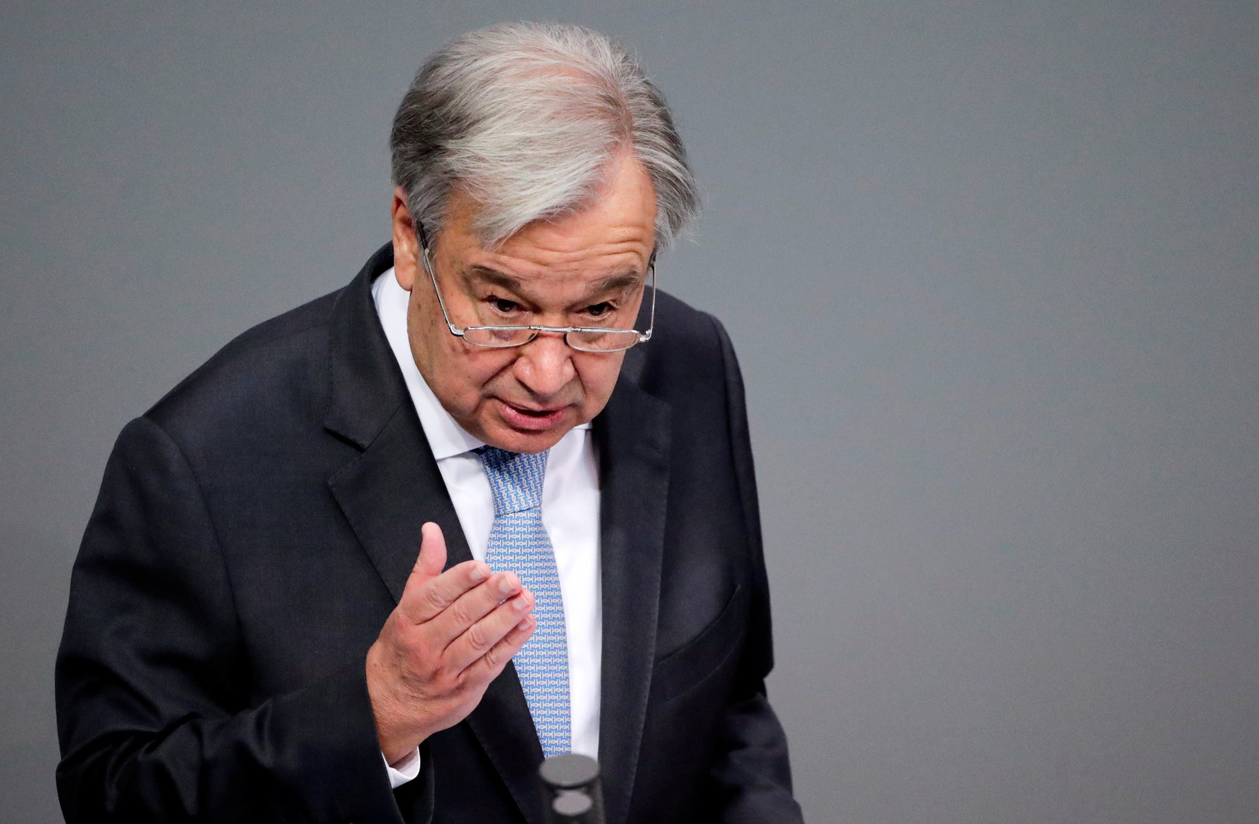 United Nations Secretary-General Antonio Guterres delivers a speech at the lower house of parliament Bundestag in Berlin, Germany, December 18, 2020. (Reuters)