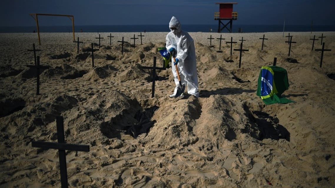 Activists from the Brazilian NGO Rio de Paz (Peace Rio), dig 100 mock graves on Copacabana beach symbolizing deaths from the COVID-19 coronavirus in Rio de Janeiro, Brazil, on June 11, 2020. (AFP)