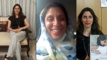 A combo released on March 17, 2020 shows (L) and (R) Nazanin Zaghari-Ratcliffe posing for a photo in West Tehran following a brief release from prison, wearing an ankle bracelet and holding an old picture of herself with her husband and daughter, and another (C) of her smiling while travelling by car. (Free Nazanin campaign/AFP)