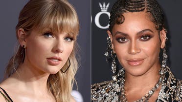 Taylor Swift appears at the American Music Awards in Los Angeles on Nov. 24, 2019, left, and Beyonce appears at the world premiere of The Lion King in Los Angeles on July 9, 2019. Swift could become the first woman to win the show’s top prize, album of the year, three times. (File photo: AP)
