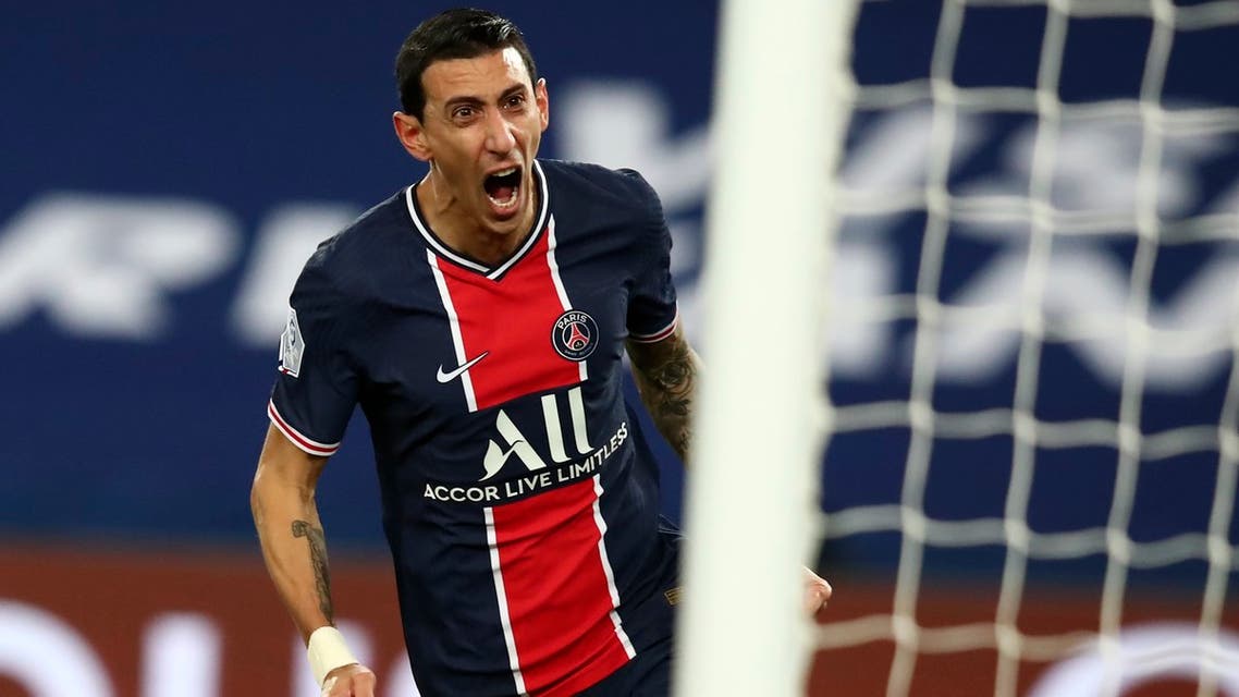 PSG's Angel Di Maria celebrates after scoring the opening goal of his team during the French League One soccer match between Paris Saint-Germain and Nimes at the Parc des Princes stadium in Paris, France, Wednesday, Feb. 3, 2021. (AP)