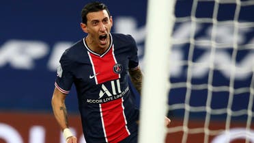  PSG's Angel Di Maria celebrates after scoring the opening goal of his team during the French League One soccer match between Paris Saint-Germain and Nimes at the Parc des Princes stadium in Paris, France, Wednesday, Feb. 3, 2021. (AP)