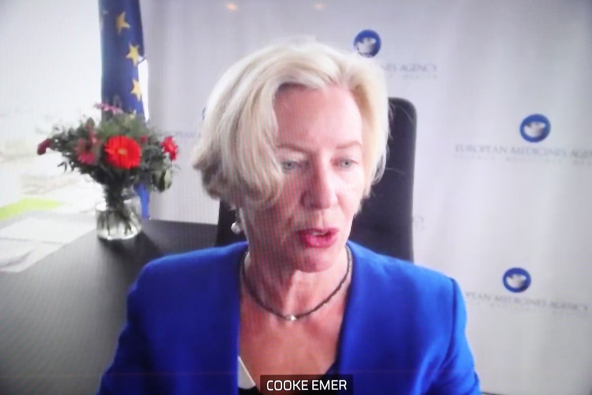 European Medicines Agency Executive Director, Emer Cooke, appears on screen during a videoconference in Brussels, Belgium, on March 16, 2021. (Reuters)