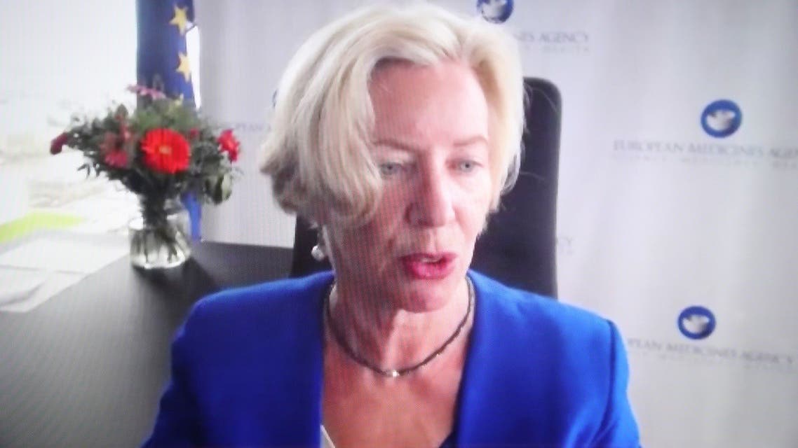 European Medicines Agency Executive Director, Emer Cooke, appears on screen during a videoconference in Brussels, Belgium, on March 16, 2021. (Reuters)