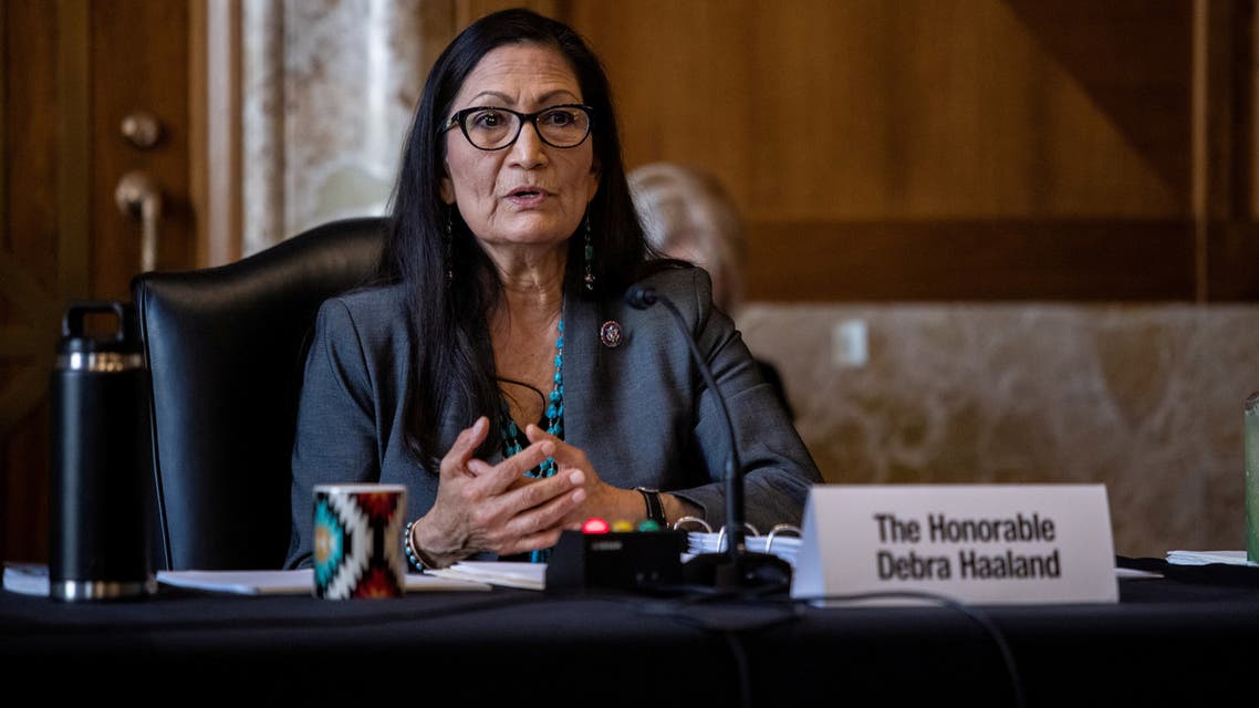 FILE PHOTO: Rep. Deb Haaland, D-NM, looks on during a Senate Committee on Energy and Natural Resources hearing on her nomination to be Interior Secretary on Capitol Hill in Washington, DC, U.S. February 23, 2021. Graeme Jennings/Pool via REUTERS/File Photo