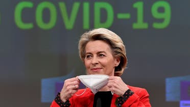 European Commission President Ursula von der Leyen removes her protective mask at the start of a press conference following a college meeting to introduce draft legislation on a common EU COVID-19 vaccination certificate at the EU headquarters in Brussels, Belgium, on March 17, 2021. (Reuters)