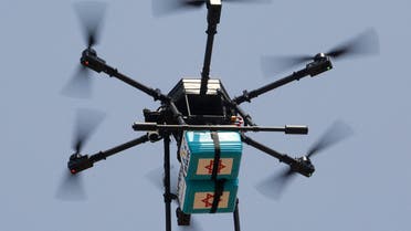 A  picture taken during a presentation to the media shows a drone flying coolers, which usually carries blood samples to be tested for Covid-19, on July 28, 2020 outside DOROT, Netanya Geriatric Medical Center, in the central Israeli city of Netanya. (File photo: AFP)