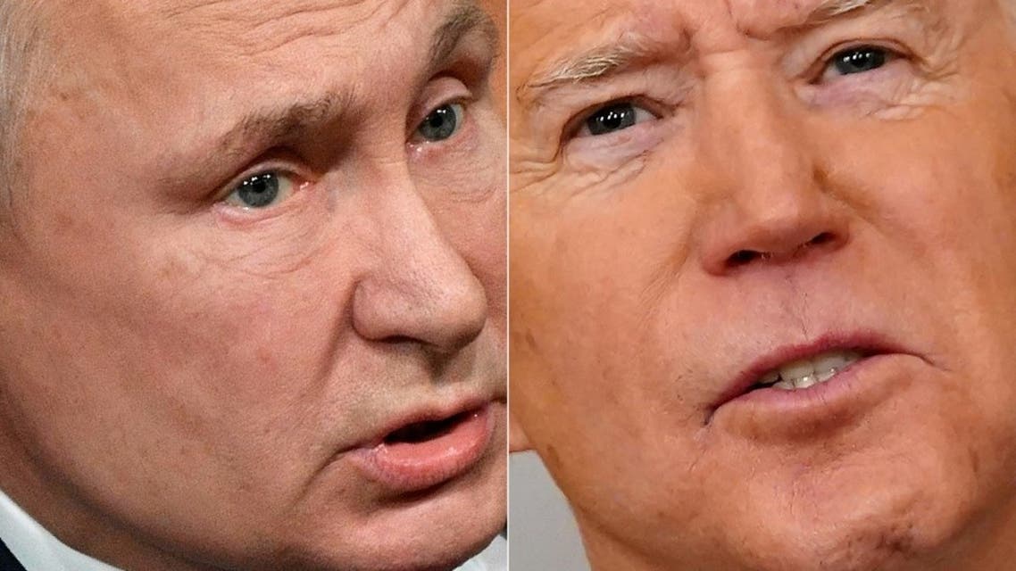 Russian President Vladimir Putin(L) during his annual press conference in Moscow on December 19, 2019, and US President Joe Biden speaking on the anniversary of the start of the Covid-19 pandemic, in the East Room of the White House in Washington, DC on March 11, 2021. (AFP)
