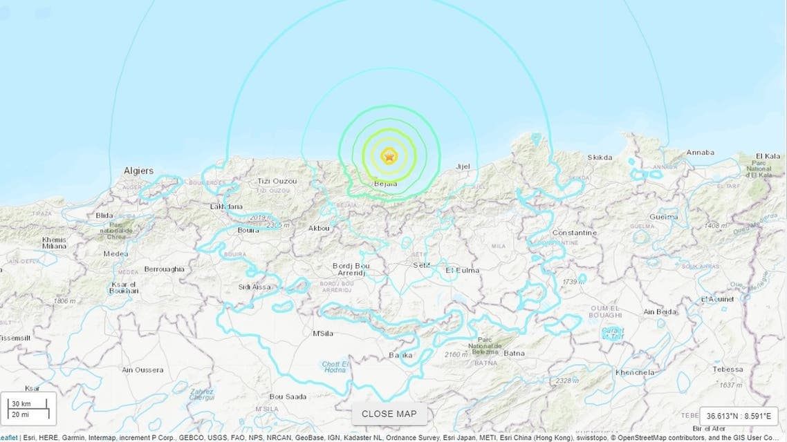 he quake hit 20 kilometers north-east of the city of Bejaia at 1:04 am local time 