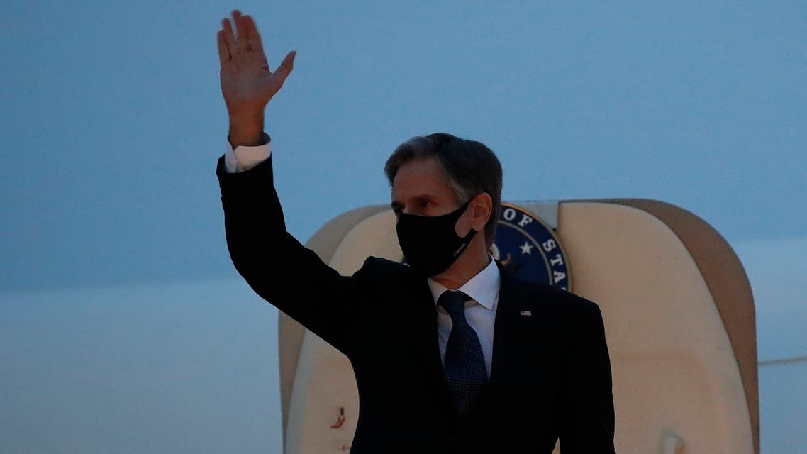 Secretary of State Antony Blinken waves as he boards a plane at the Osan Air Base in South Korea, March 18, 2021. (AP)