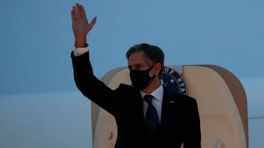 Secretary of State Antony Blinken waves as he boards a plane at the Osan Air Base in South Korea, March 18, 2021. (AP)