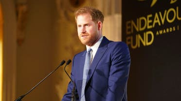 Britain’s Prince Harry speaks at the Endeavour Fund Awards at Mansion House in London, March 5, 2020. (Paul Edwards/Pool Photo via AP)