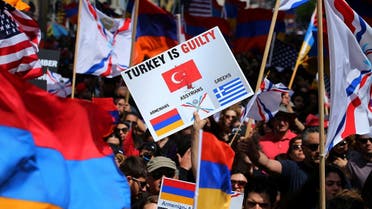 Protesters rally outside the Turkish Consulate in commemoration of the 102nd anniversary of the Armenian genocide in Los Angeles, California, April 24, 2017. (Reuters)