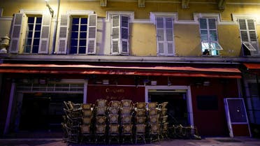 Stacked tables are seen on the terrace of a closed restaurant in Nice as France's 16 hardest-hit departments will go into a third lockdown imposed to slow the rate of the coronavirus disease (COVID-19) contagion, in Nice, France March 19, 2021. REUTERS/ Eric Gaillard