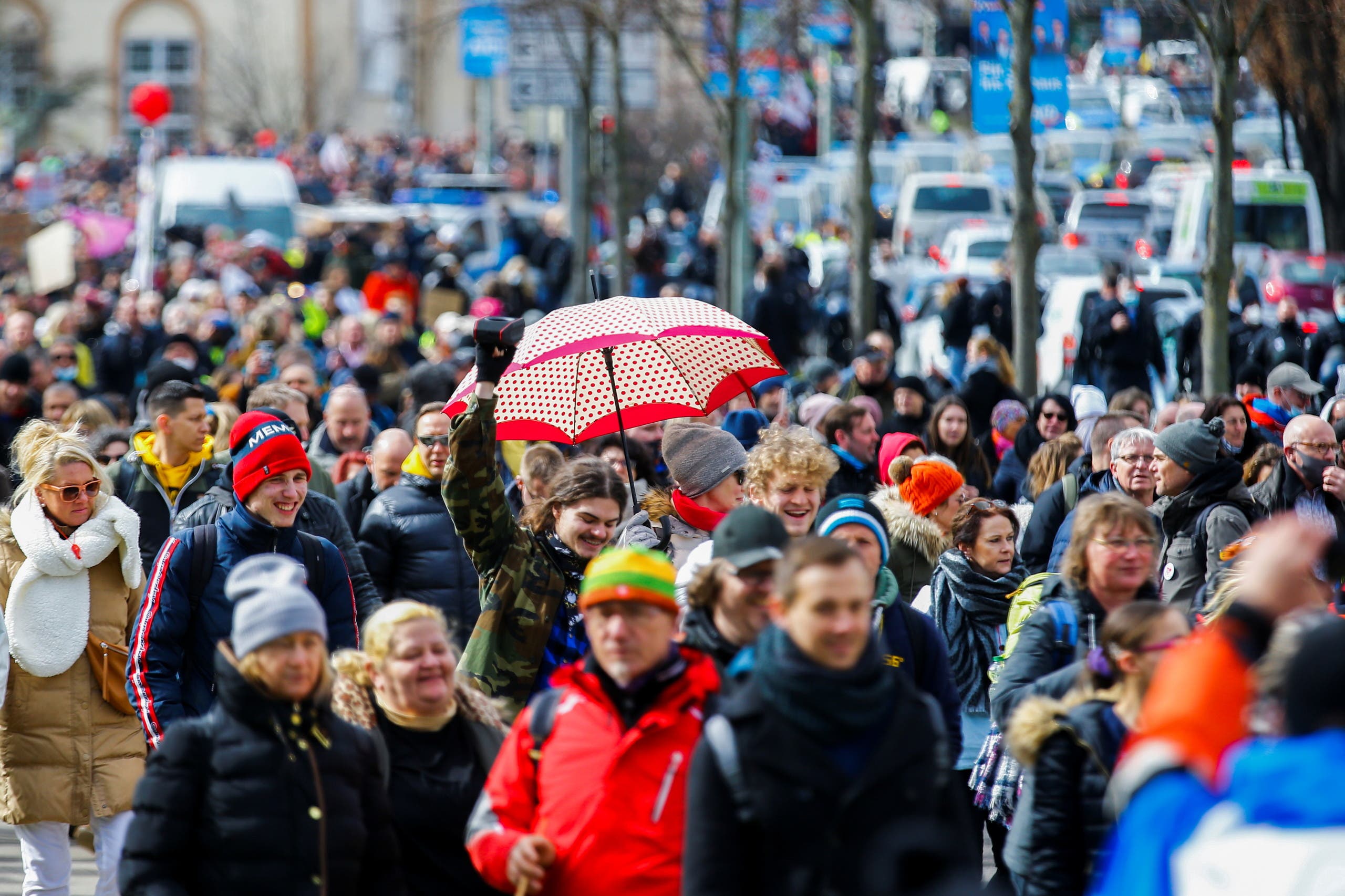 Demonstrators protest against the government's coronavirus disease (COVID-19) restrictions in Kassel, March, 20, 2021. (Reuters)