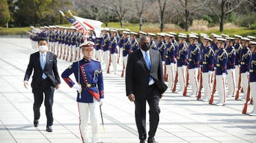 Lloyd Austin, Secretary of Defense of the United States of America (R) and Japanese Defense Minister Kishi Nobuo (L) attend a review an honor guard prior the US-Japan Defense Ministers Bilateral meeting at the Japan Ministry of Defense on March 16, 2021 in Tokyo, Japan. (File photo: Reuters)