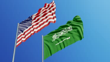 American and Saudi Arabian Flags Waving With Wind stock photo us usa america saudi arabia