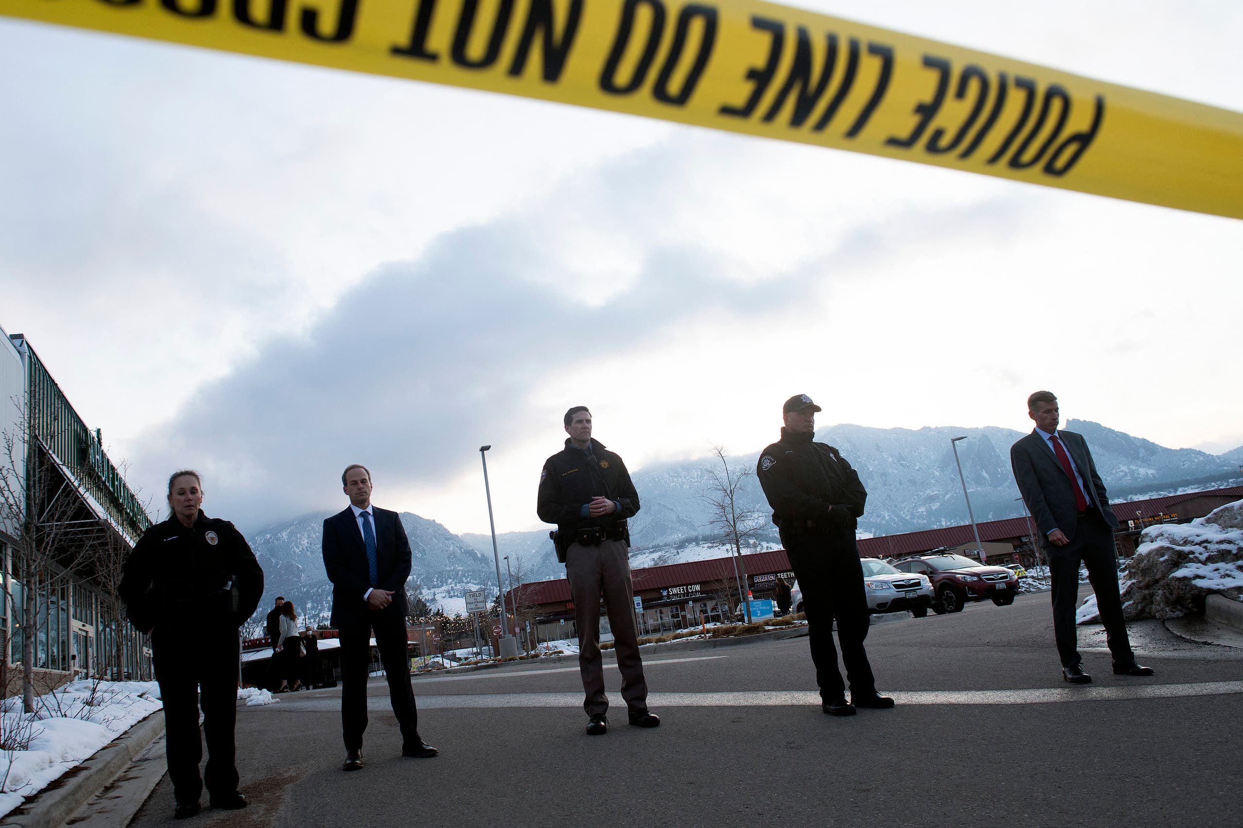 Law enforcement officials wait to address the media after a mass shooting at the King Soopers grocery store in Boulder, Colorado on March 22, 2021. (File photo: AFP)