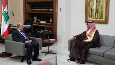 Lebanese President Michel Aoun (left) and Saudi Arabia's Ambassador to Lebanon Walid Bukhari. (Twitter)