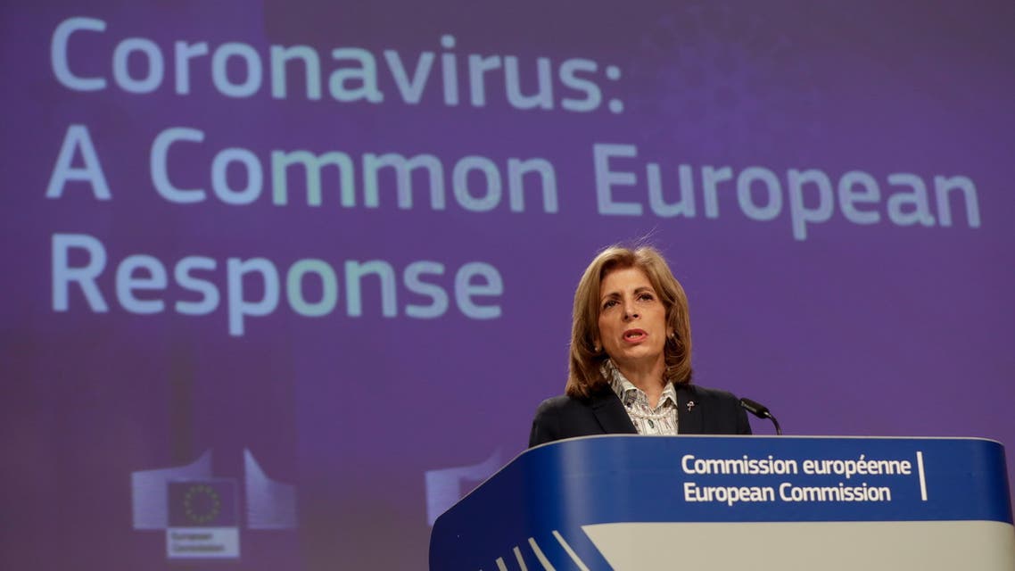 European Commissioner for Health and Food Safety Stella Kyriakides and EC Vice-President Valdis Dombrovskis (not pictured) give a news conference on the export transparency and authorisation mechanism of COVID-19 vaccines at the EC in Brussels, Belgium, on March 24, 2021. (Reuters)