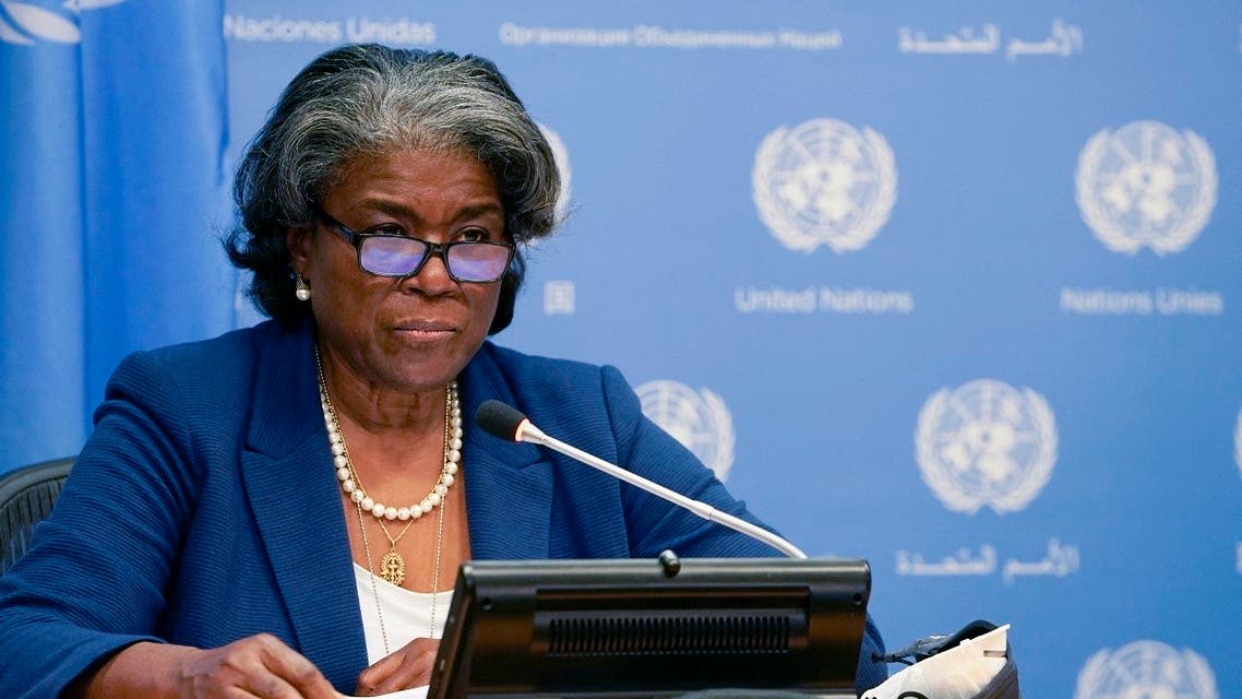 US ambassador to the United Nations, Linda Thomas-Greenfield, and President of the Security Council speaks during a press conference for the Security Council program of work in March at the UN Headquarters in New York on March 1, 2021. (Timothy A. Clary/AFP)