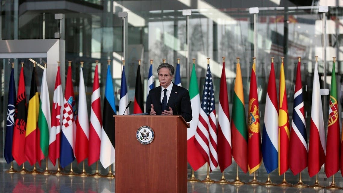 US Secretary of State Antony Blinken delivers an address after a meeting of NATO foreign ministers at NATO headquarters in Brussels, Belgium, on March 24, 2021. (Reuters)
