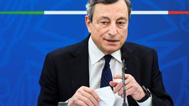 Italy’s Prime Minister, Mario Draghi speaks during a joint press conference with Italy’s Economy Minister and Italy’s Minister for Labor and Social Policy following a Cabinet meeting in Rome, Italy, on March 19, 2021. (Reuters)