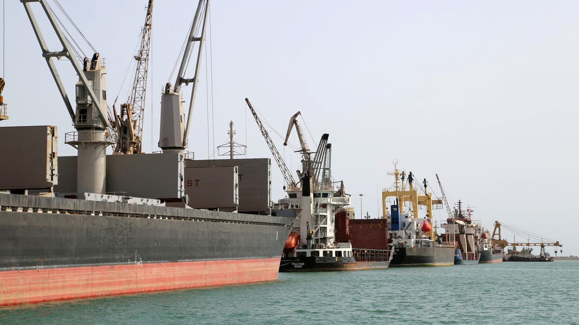 A picture taken on May 14, 2019, shows a general view of the Hodeida port in the Yemeni port city, around 230 kilometres west of the capital Sanaa. Yemen's Huthi rebels have handed over security of key Red Sea ports to the coastguard but much work remains to remove military equipment, the UN said.