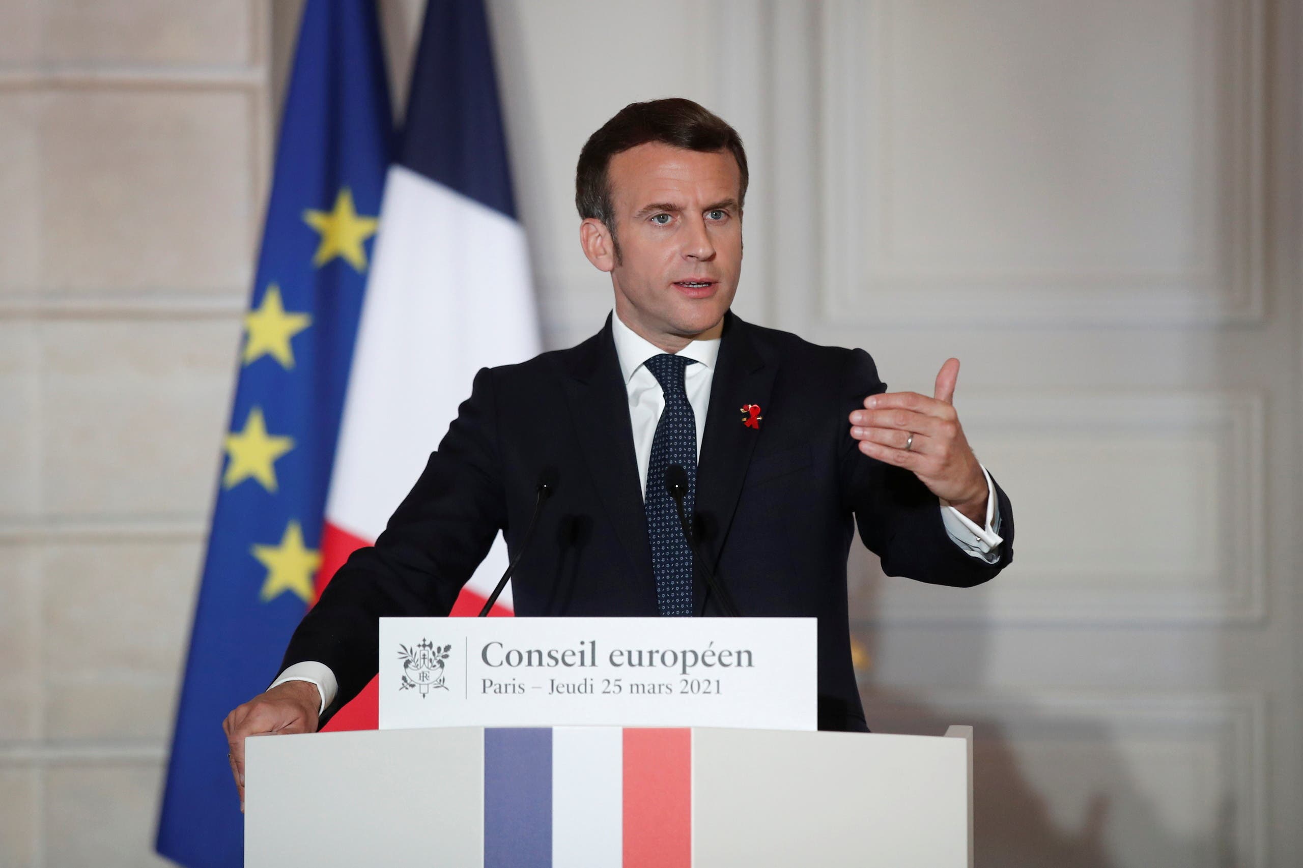 French President Emmanuel Macron delivers a press conference after a European Council summit held over video-conference at the Elysee Palace in Paris. (Reuters)