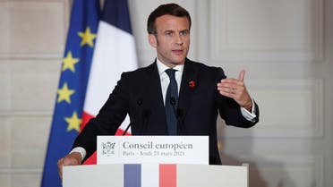 French President Emmanuel Macron delivers a press conference after a European Council summit held over video-conference at the Elysee Palace in Paris. (Reuters)