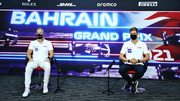 Haas F1's Russian driver Nikita Mazepin (L) and Haas F1's German driver Mick Schumacher attend the presser ahead of the Bahrain Formula One Grand Prix in the city of Sakhir on March 25, 2021. (AFP)