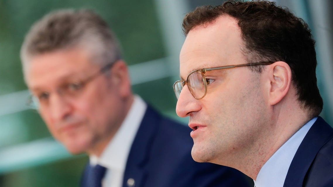 Germany’s Health Minister Jens Spahn speaks next to Lothar Wieler, the head of Germany’s Robert Koch Institute (RKI) for disease control, during a news conference on the coronavirus pandemic in Berlin, Germany, on March 26, 2021. (Reuters)