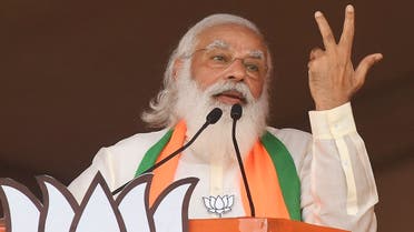 India's Prime Minister Narendra Modi addresses supporters of the Bharatiya Janata Party (BJP) during a mass rally ahead of the state legislative assembly elections at the Brigade Parade ground in Kolkata on March 7, 2021. (AFP)