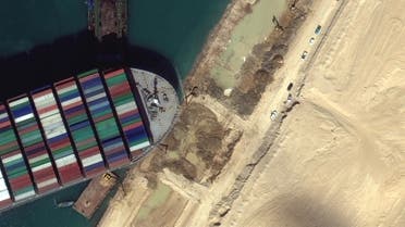 A view of the earth moving equipment excavating sand near the bow of the Ever Given container ship, in Suez Canal in this Maxar Technologies satellite image taken on March 27, 2021. Satellite image. (Maxar Technologies/Handout via Reuters)