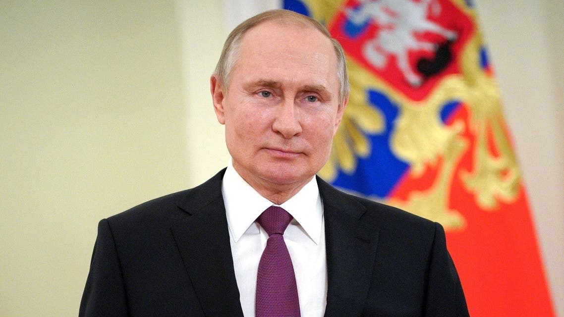 Russian President Vladimir Putin addresses on the occasion of the Day of the National Guard Troops, in Moscow, on March 27, 2021. (Mikhail Klimentyev/Sputnik/AFP)