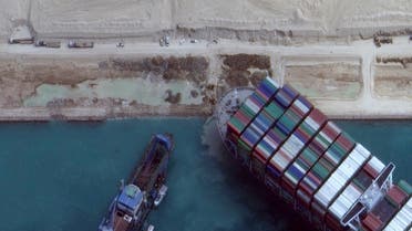 This satellite imagery released by Maxar Technologies shows the MV Ever Given container ship in the Suez Canal on the morning of March 28, 2021. (Satellite image ©2021 Maxar Technologies/AFP)
