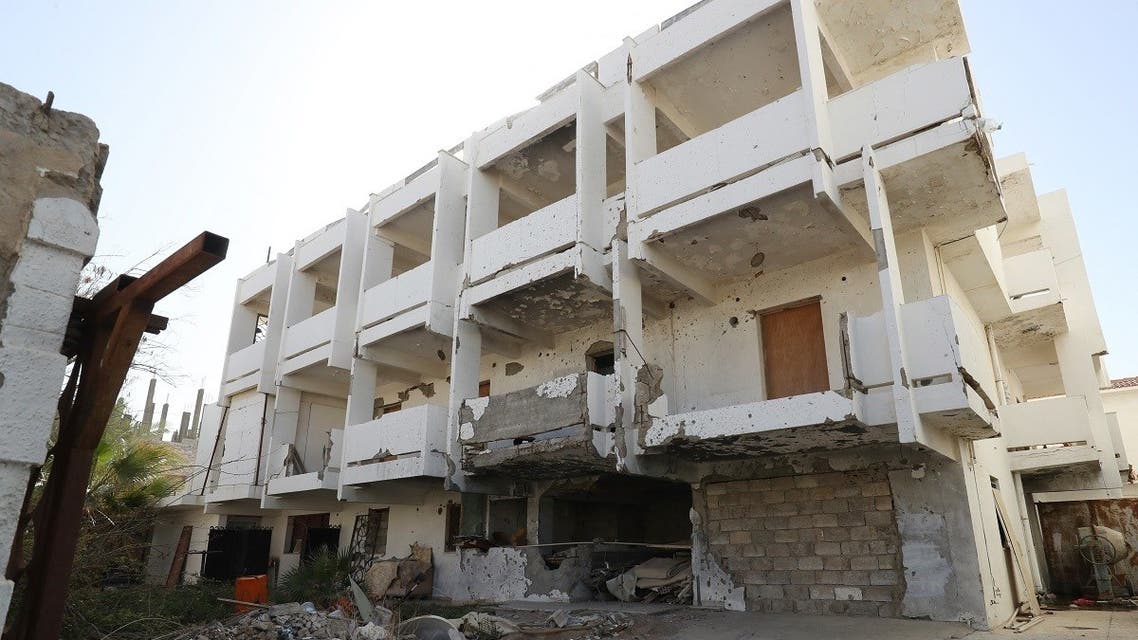 A picture taken on March 29, 2021 shows the damaged old French embassy building in the Libyan capital Tripoli, ahead of the reopening of the diplomatic mission at a new location. (AFP)