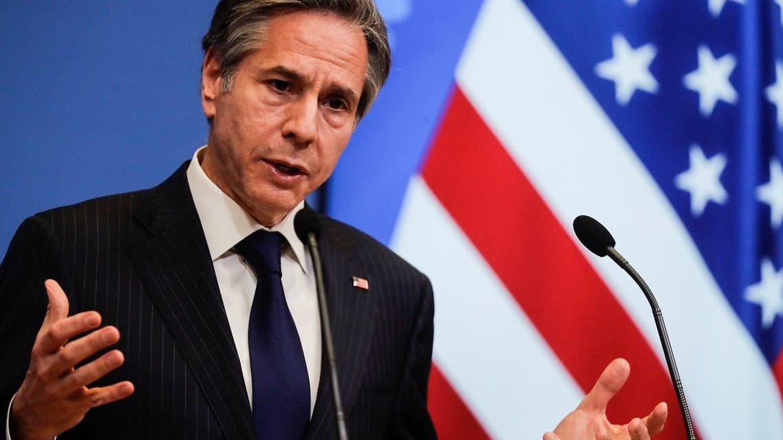 Secretary of State Antony Blinken speaks at a NATO Foreign Affairs Ministers meeting in Brussels, March 24, 2021. (AP)