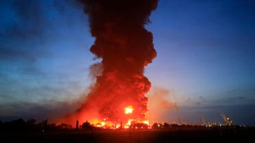 A massive fire rages at the Balongan refinery, operated by state oil company Pertamina, in Indramayu, West Java, on March 29, 2021. (AFP)
