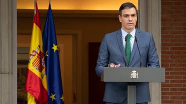 In this handout picture made available by La Moncloa, Spanish Prime Minister Pedro Sanchez holds a press conference at La Moncloa palace in Madrid to announce his cabinet reshuffle on March 30, 2021. (AFP)