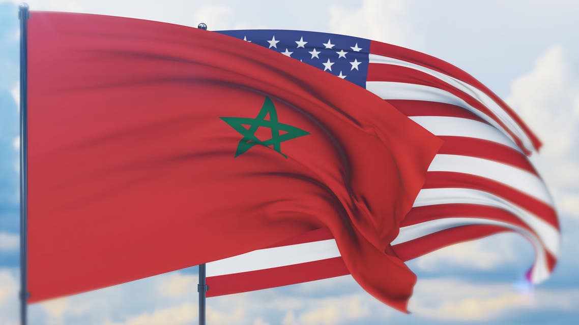 Waving flag of Morocco and USA stock photo