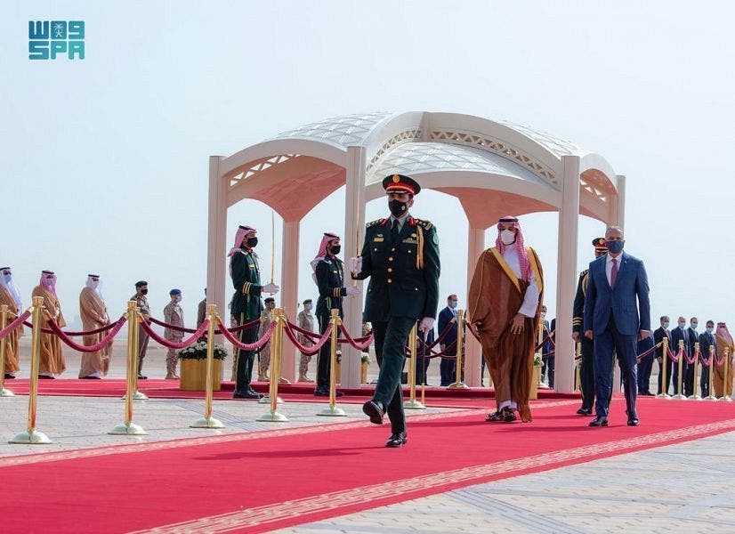 Saudi Crown Prince Mohammed bin Salman and Iraq's PM Mustafa al-Kadhimi in Riyadh, March 31, 2021. (SPA)