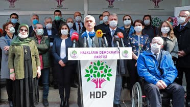 Pro-Kurdish Peoples' Democratic Party's (HDP) Turkish MP Omer Faruk Gergerlioglu, who was expelled from the parliament earlier this month, holds a press conference on March 31, 2021 at the party's headquarters in the Turkish capital, Ankara.