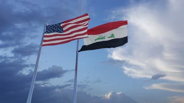 Iraq and United States two flags together realations textile cloth fabric texture stock photo