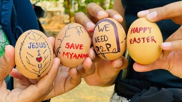 aster eggs are painted with slogans from the protests against the military coup, in Mandalay, Myanmar April 3, 2021 in this picture obtained by Reuters from social media. (Reuters)