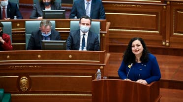 Newly elected President of Kosovo Vjosa Osmani delivers a speech during a parliament session in Pristina on April 4, 2021. (Armend Nimani/AFP)