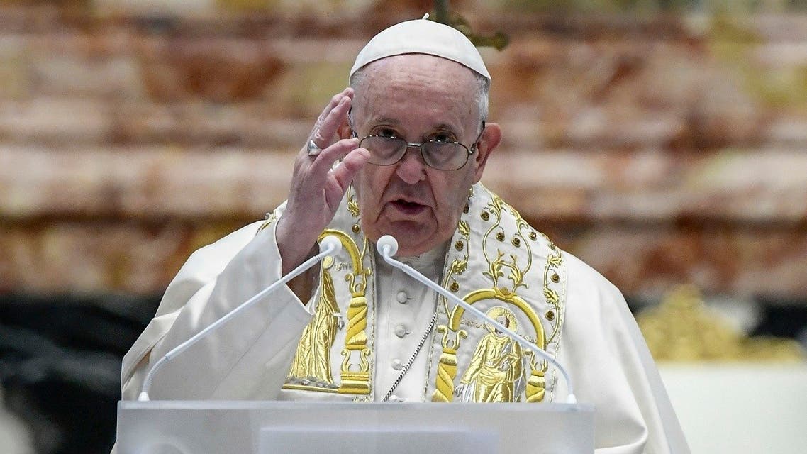 Pope Francis delivers his Urbi et Orbi Blessing, after celebrating Easter Mass on April 04, 2021 at St. Peter's Basilica in The Vatican during the Covid-19 coronavirus pandemic. (Filippo Monteforte/Pool/AFP)