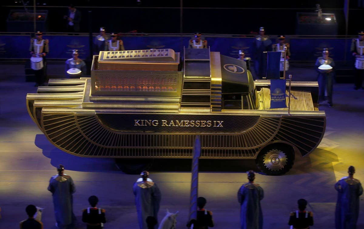 The mummy of King Ramesses IX is transported in a convoy from the Egyptian Museum in Tahrir to the National Museum of Egyptian Civilization in Fustat, in Cairo, Egypt April 3, 2021. (Reuters)