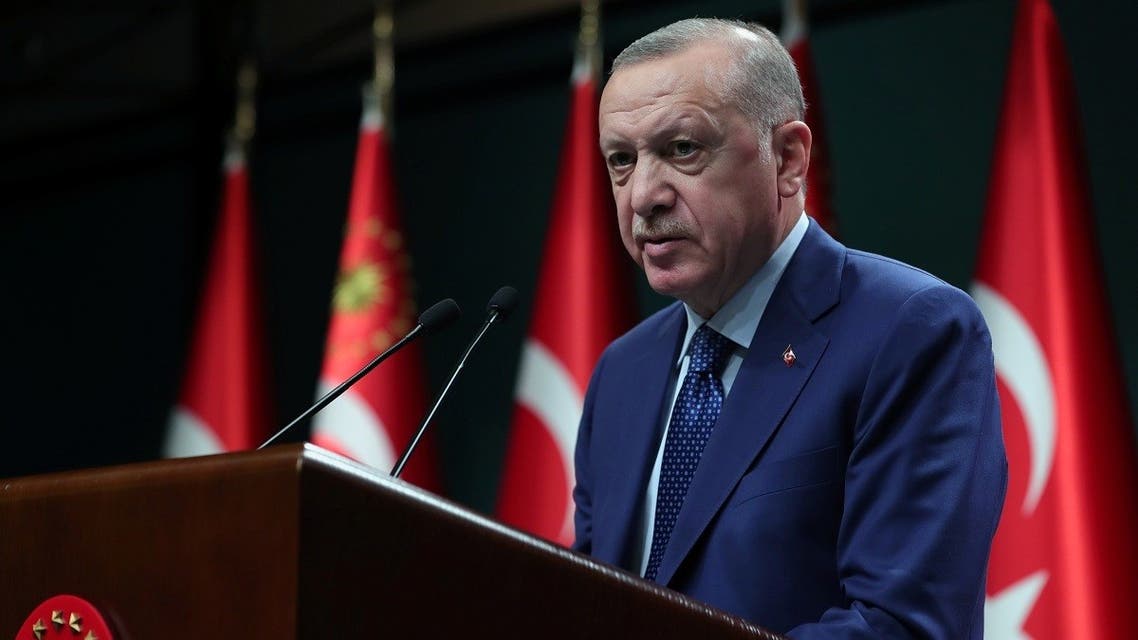 Turkish President Tayyip Erdogan gives a statement after a cabinet meeting in Ankara, Turkey, March 29, 2021. (Murat Cetinmuhurdar/PPO/Handout via Reuters)