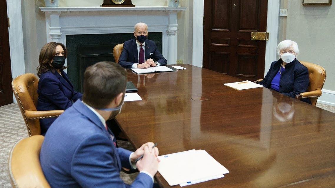 US President Joe Biden, Vice President Kamala Harris (L) and Director of the National Economic Council Brian Deese (2nd L) receive an economic briefing from Treasury Secretary Janet Yellen (R) in the Roosevelt Room of the White House in Washington, DC on March 5, 2021. (Mandel Ngan/AFP)